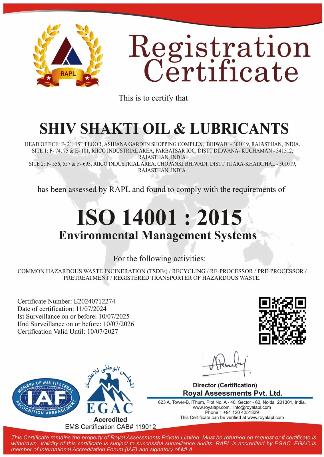 ISO 14001:2015 Certificate