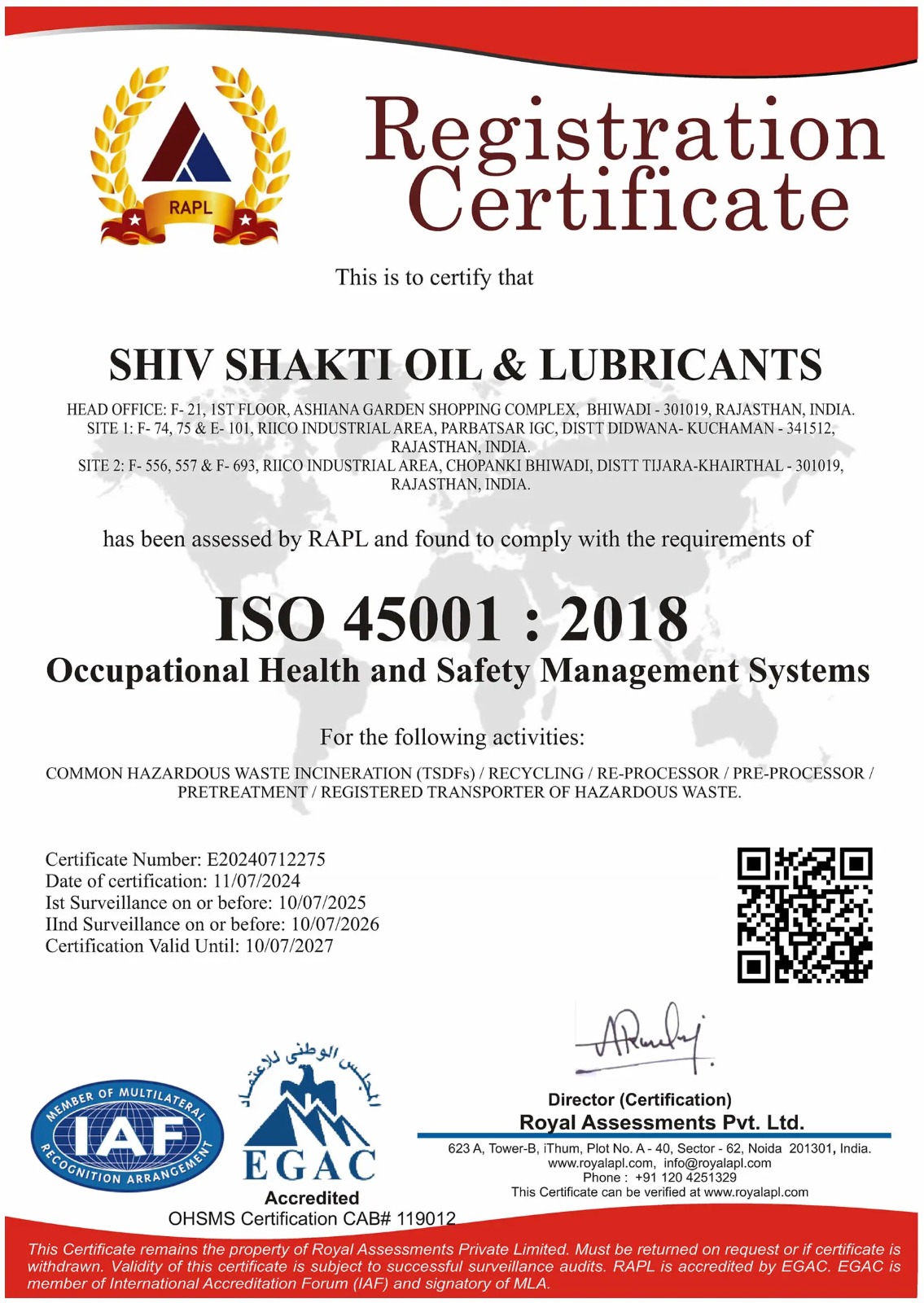 ISO 45001:2018 Certificate